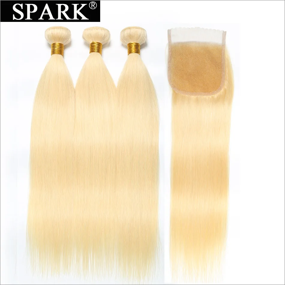 

Spark Brazilian Virgin Hair Straight Hair 3/4 Bundles With Lace Closure 613 Blonde Color Hair Human Hair With 4x4 Closure