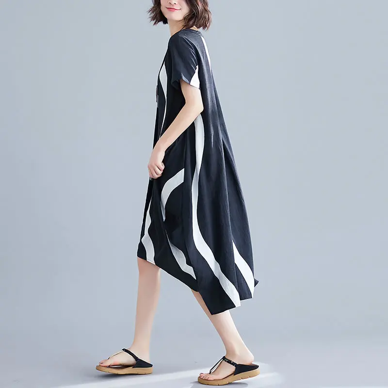 XITAO размера плюс Полосатое платье миди женская одежда о-образный вырез принт перспектива неровная корейская мода лето WBB4462
