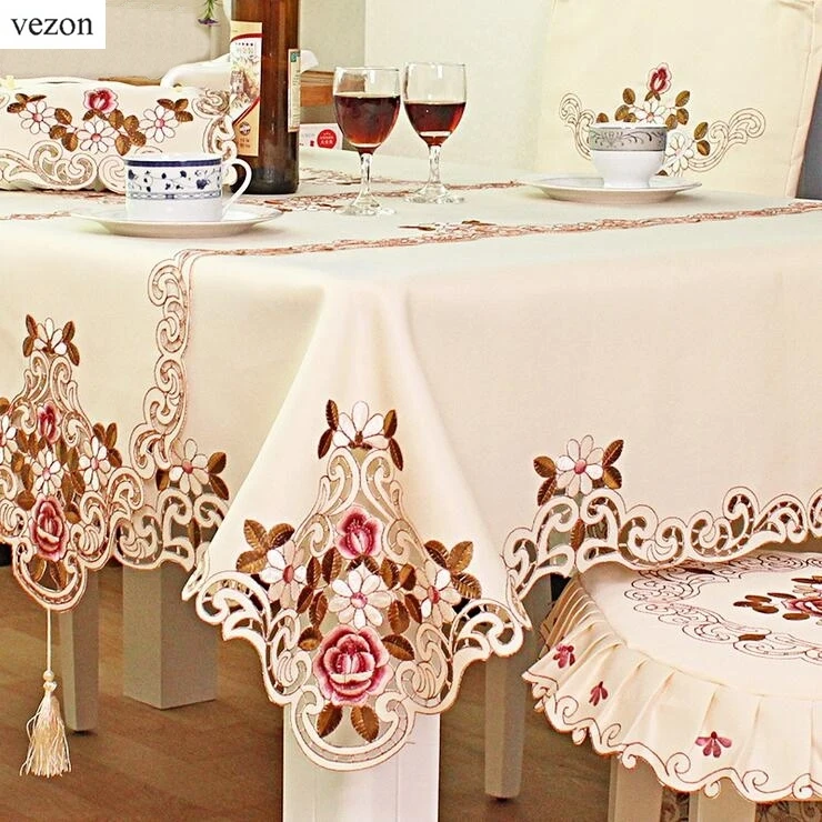 

vezon New Hot Europe Elegant Polyester Satin Embroidery Tablecloth Embroidered Floral Table Cloth Cover Overlays Home Decoration