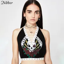 Nibber hot Gothic black print crop tops women sleeveless camis summer sexy club party hollow tank tops fashion Basic tees