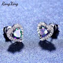 RongXing Mystic Fire, разноцветные циркониевые серьги-гвоздики в форме сердца для женщин, 925 пробы, заполненные серебром, радужные серьги с камнем по месяцу рождения, подарок