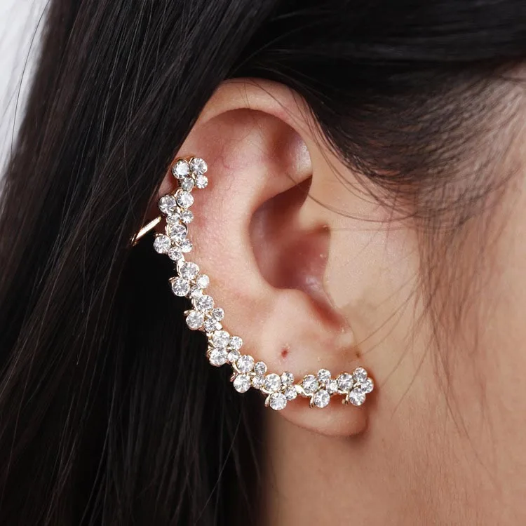 2014 New Women Gold Flower Rhinestone Ear Cuff Stud Earrings Ear Clips