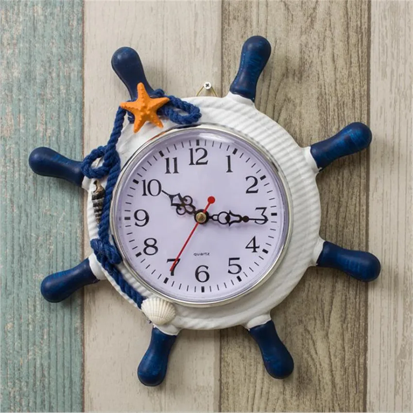 Vintage mediterranean style Rudder woodern wall clock for living room Retro silent Horloge Murale Quartz home decoration klok (5)