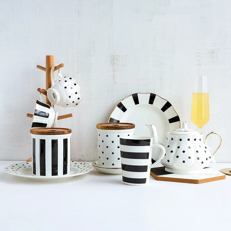 

Kitchen Restaurant Tableware Hepburn Wind Retro Polka Dot Stripes Series Coffee Cup Saucer Dish Plate Mug Afternoon Tea Set