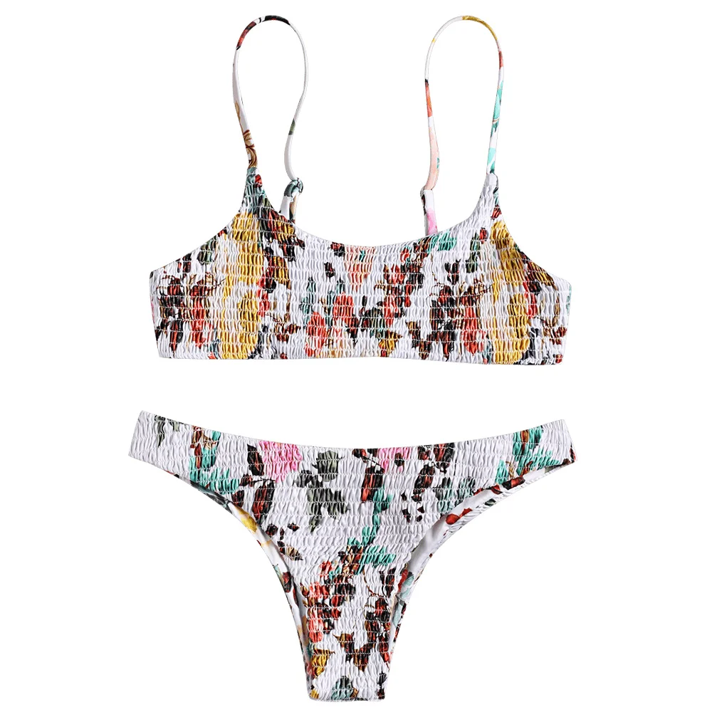 

ZAFUL Smocked Bikini Cami Shirred Swimwear Women Swimsuit Flower Bralette Bathing Suit Sexy Spaghetti Straps Summer Beach Biquni