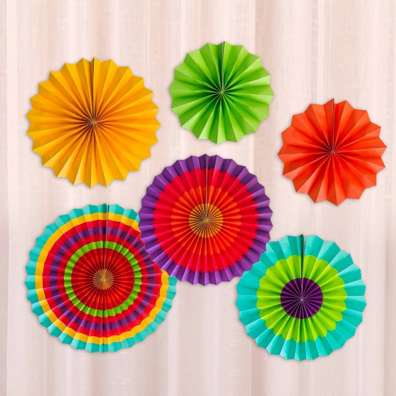 

6pcs/set Thick Paper Fan Mexican Fiesta Party Paper Fan Flowers Decoration Hanging Paper Fan Backdrop DIY Party Decorations