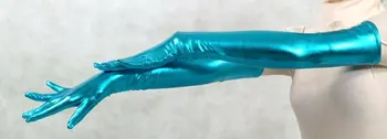 

Woman lake blue shiny metallic sexy gloves fetish unisex zentai suit classic halloween costumes