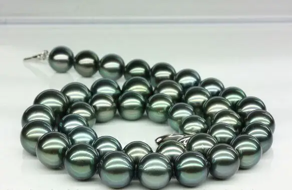 

Free Shipping Huge 18"10-11mm Tahitian genuine black peacock green round pearl necklace AA+ (09.08)