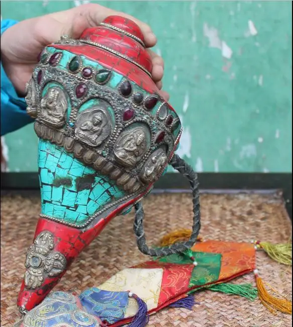 

free 10" Tibet Buddhism Silver inlay Turquoise Red Coral 5 Buddha Statue Conch Horn fast