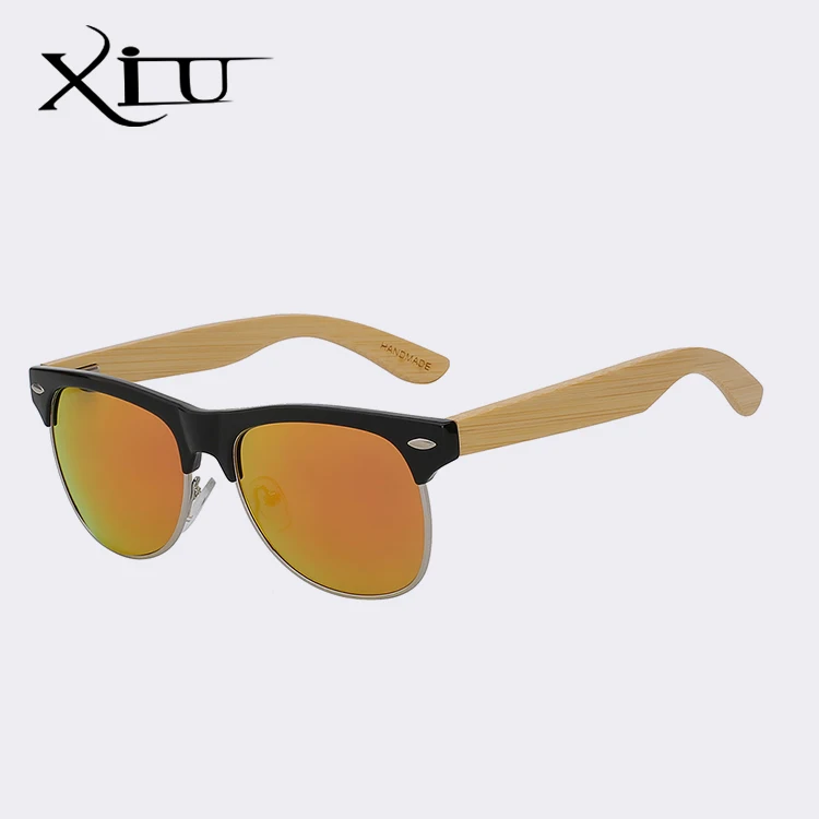 XIU мужские деревянные очки с заклепками Maderia Oculos Flash поляризованные линзы Bamboo Oculos с пружинным шарниром женские солнцезащитные очки - Цвет линз: Black w orange mir