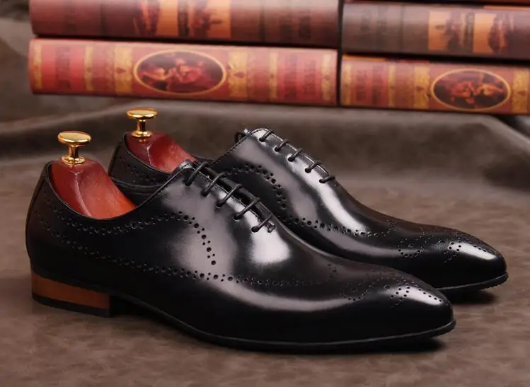 Handmade dress shoes men genuine leather pointed toes carved brogue smart casual oxfords vintage