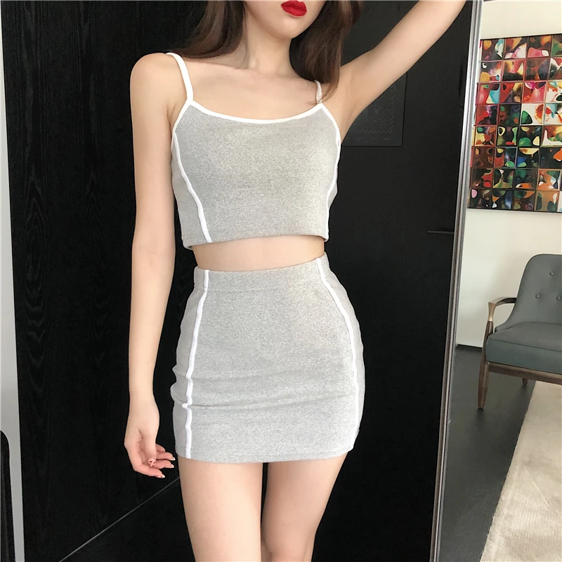 

Women Sexy Two Piece Outfits Matching Sets Grey Striped Short Tops and Mini Pencil Short Skirt Tracksuit Style 2 Piece Skirt Set