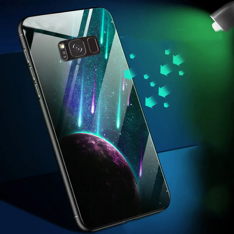 BFOLLOW Luminous Case for Samsung Galaxy S9 / S9 Plus / S8 / S8 Plus / Note 8 9 Tempered Glass Back Hard Cover