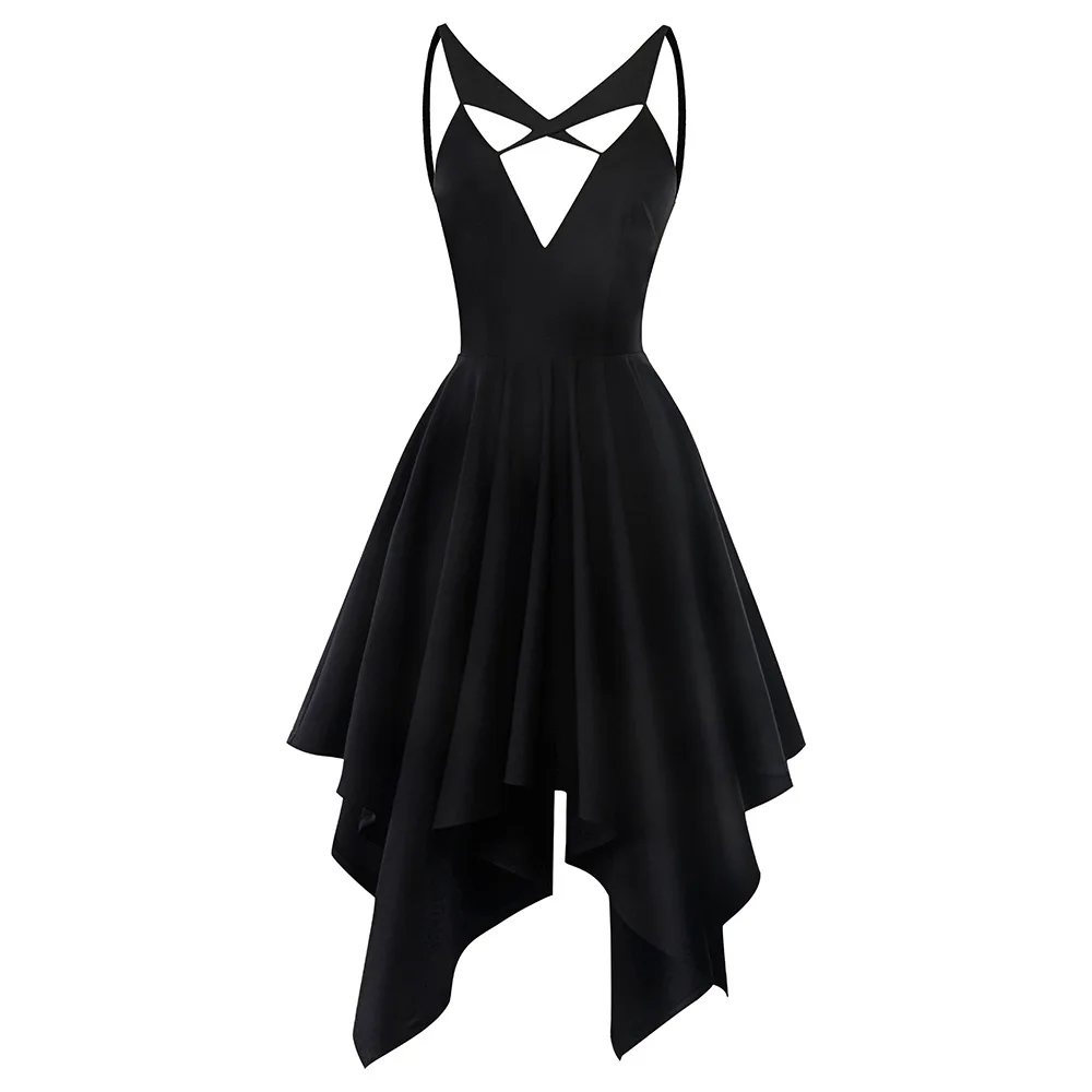 

2019 Summer Women Hollow Irregular Dress Asymmetrical Spaghetti Straps Midi Dress Sexy Backless Gothic Dress