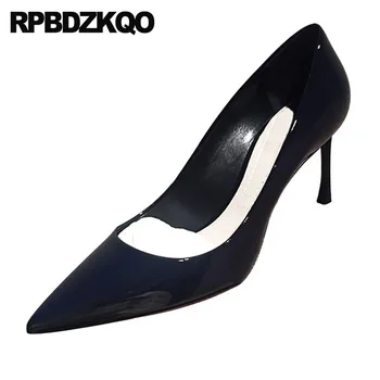 

Scarpin Navy Blue Pumps Dress Women Pointed Toe Size 4 34 White 3 Inch Classic 33 Shoes Patent Leather Medium Heels High 2018