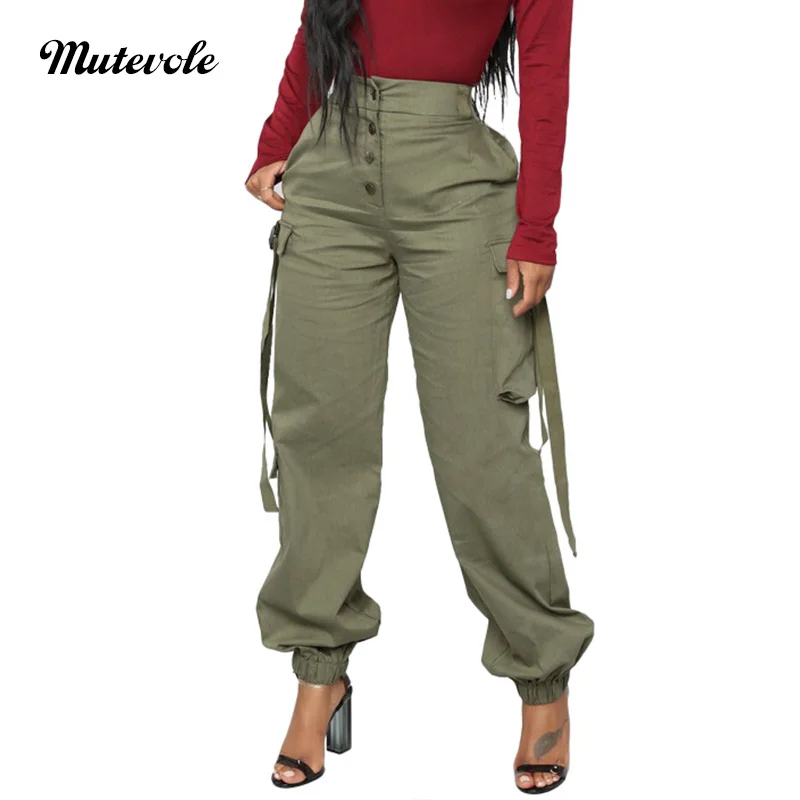 

Mutevole Fashion Pocket Cargo Pants Women Casual High Waist Trousers Streetwear Ladies Solid Lantern Pants Pantalon Femme