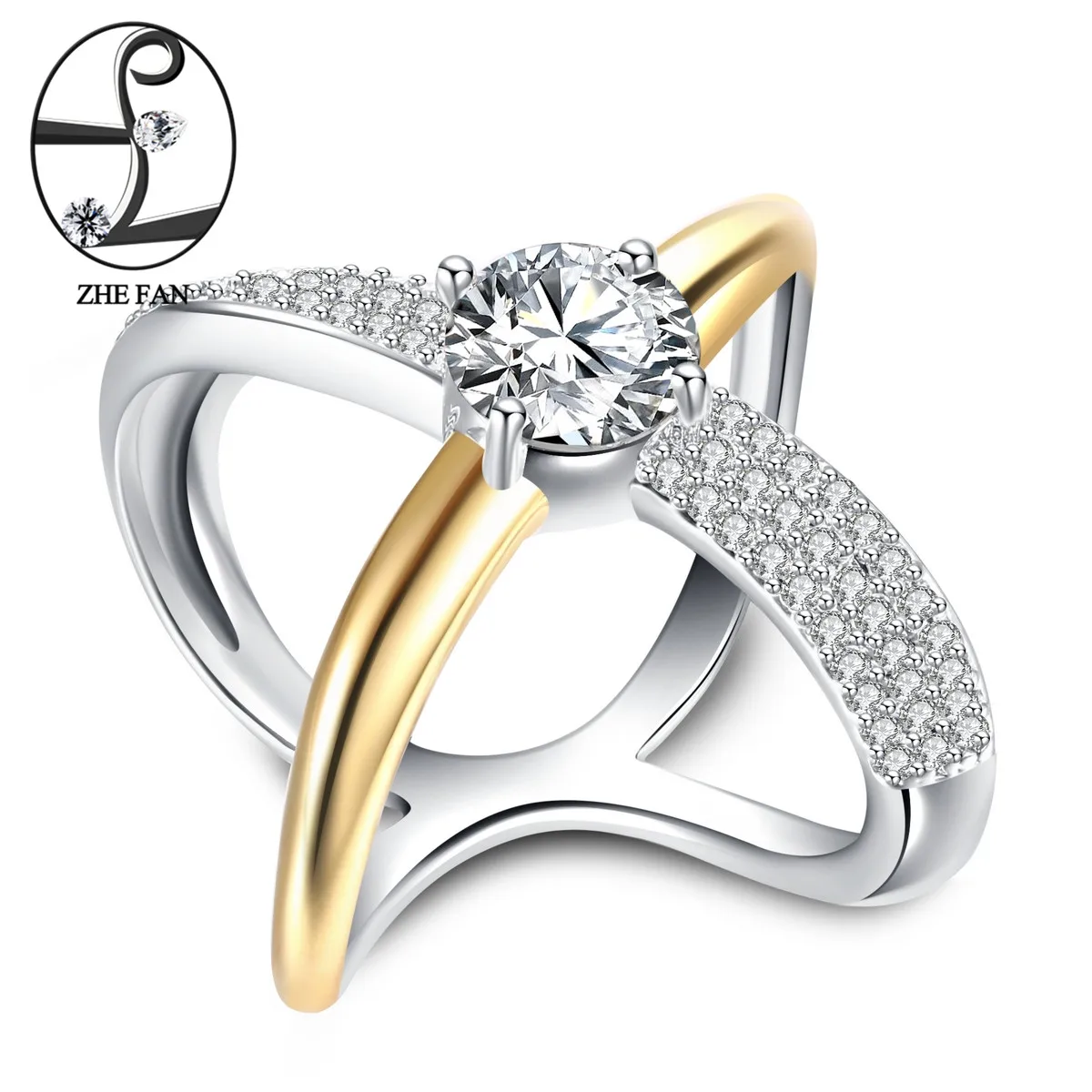 

ZHE FAN Criss Cross Ring Women Men Round Cubic Zirconia X Shape Design Rhodium Gold Color 2 Tone Plating Fashion Size 6 7 8 9 10