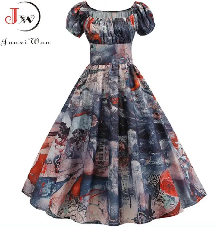 Летнее платье размера плюс, женские винтажные платья с пышными рукавами, элегантное платье с цветочным принтом, вечерние платья Jurken - Цвет: 008