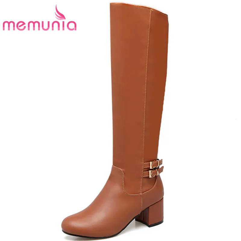 

MEMUNIA 2018 new knee high boots fashion buckle round toe boots simple square heels women boots big size 33-43