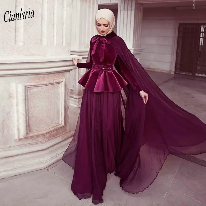 Бургундское бархатное арабское мусульманское вечернее платье с накидкой, с высоким воротом, с длинным рукавом, шифон, саудовская Дубай, Формальные Вечерние платья - Цвет: same as pic
