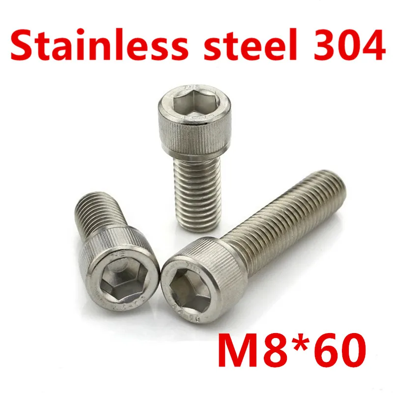 

Free Shipping 10pcs/Lot Metric Thread DIN912 M8x60 mm M8*60 mm 304 Stainless Steel Hex Socket Head Cap Screw Bolts