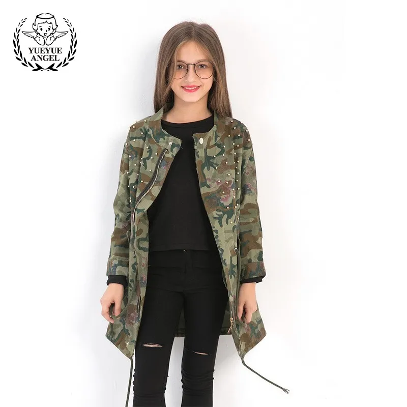 

Hot Sale Spring Jacket Girls Zipper Long Girl Coat Camouflage Beading Baby Jackets School Student Outerwear Print Windbreaker