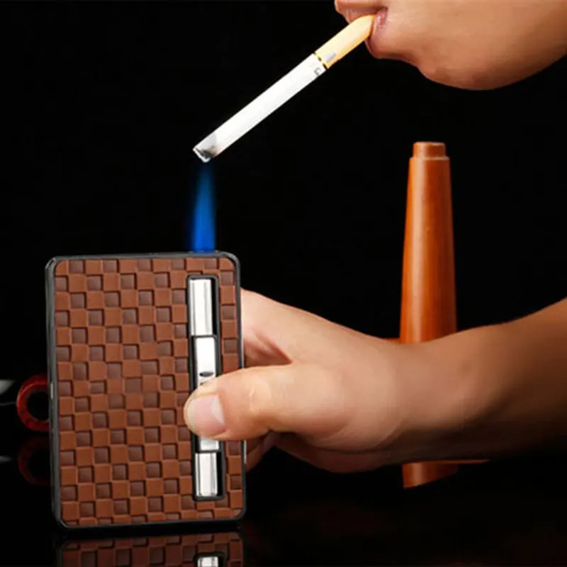 

Cigarette Box Case With Lighter Refillable Gas Tobacco Leather Automatically Ejection Case Load 10 pcs Cigarettes