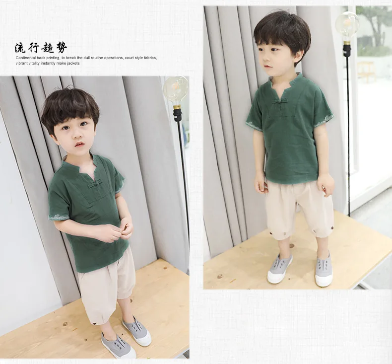 Комплекты для мальчиков хлопковая льняная Детская футболка с короткими рукавами топы+ шорты, штаны комплект из 2 предметов летний комплект одежды для маленьких мальчиков, детская одежда