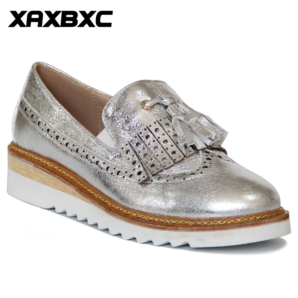 Silver Kappe Frühling Leder Herbst Handgemachte Pumpen Keile Casual Plattform Schuhe Silber Absätzen Mujer Niedrigen Damen Xaxbxc 2018 H0397k11382 Runde Frauen wA7qHH