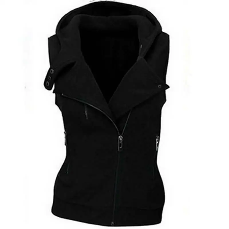Модные женские толстовки с капюшоном, толстовка на молнии, куртка-бомбер без рукавов, верхняя одежда на молнии, пуговицы, топ размера плюс, LJ7843M - Цвет: Black