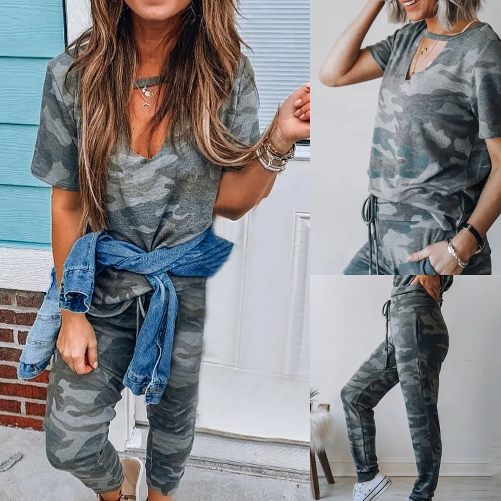 

two piece set top and pants 2PCS Womens Camouflage Tracksuits Set Lounge Wear Ladies Top Suit Pant Plus Size female summer suit