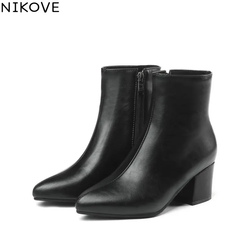 

NIKOVE 2019 Woman Ankle Boots Square High Heel Pointed Toe Zipper All Match Autumn Boots Squaren For Girls Shoe Size32-43