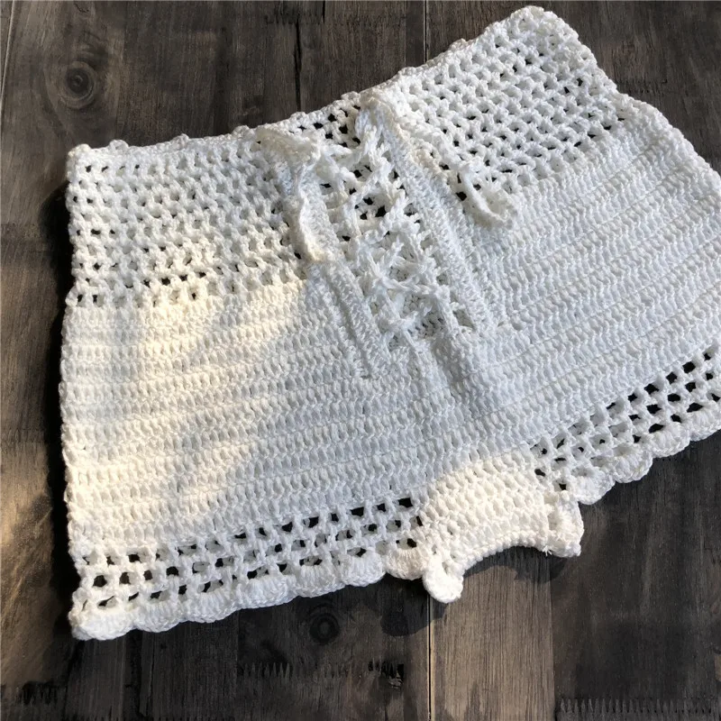 

2019 Boho White Knitted Women Elegant Summer Low Waist Beach Bikini Romper Female Outfit Holiday Beach Lace Up Covers Up Bottom