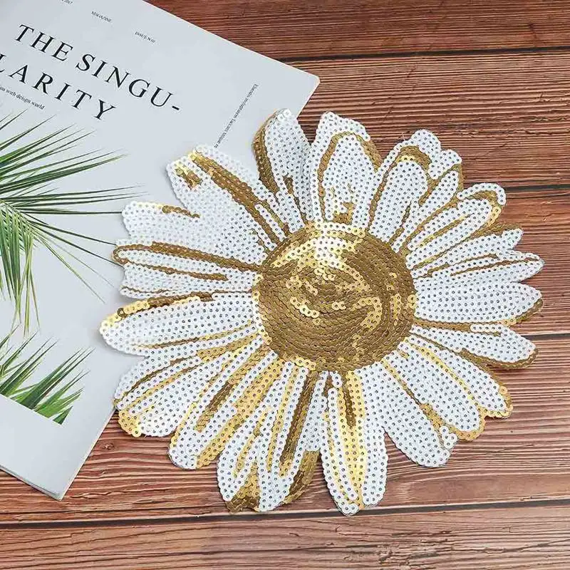 

Sun Flower Embroidered Iron On Patches For Clothes Sequins Deal With It Clothing DIY Applique T-Shirt Accessories
