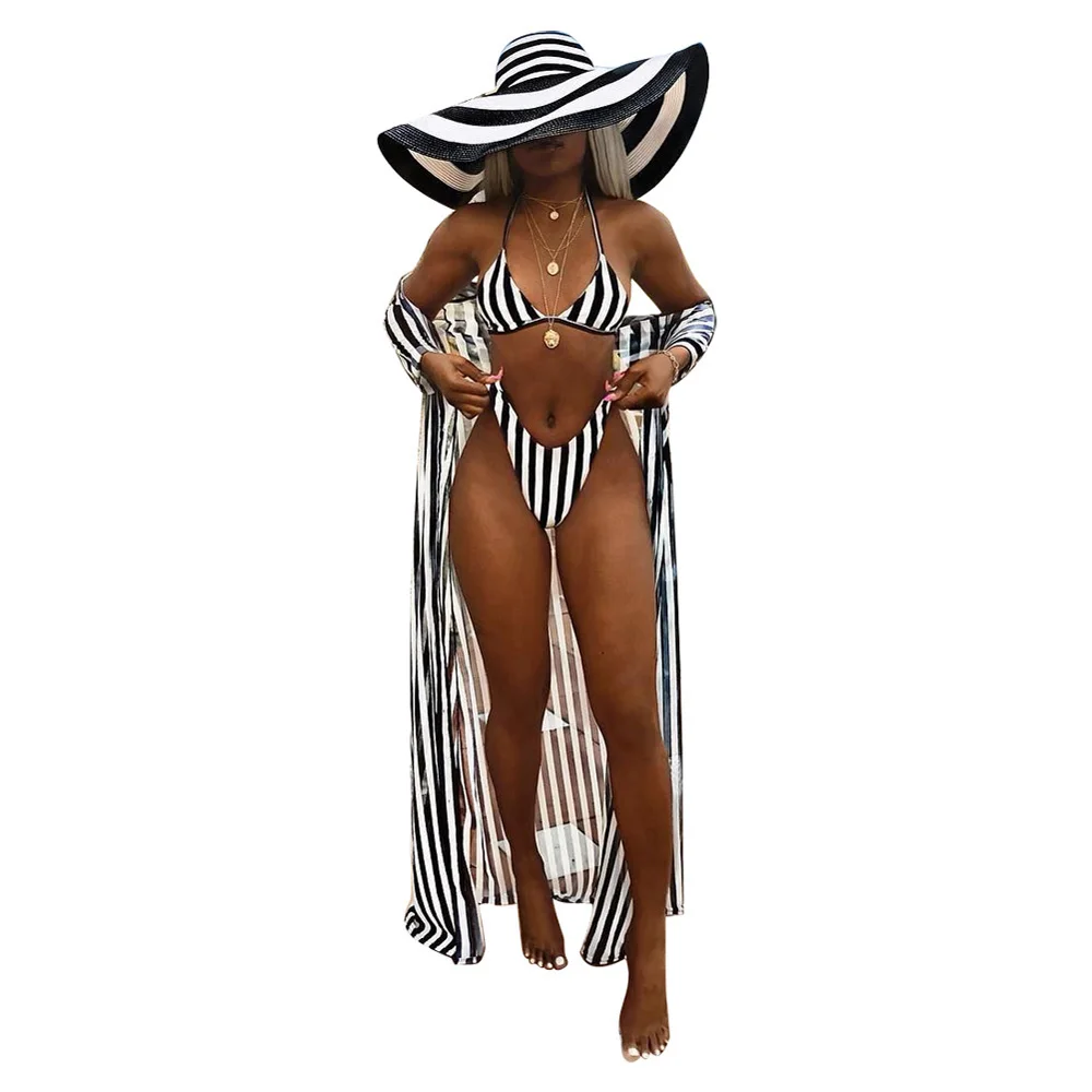 

Three Pieces Women Black White Striped Swimsuit Swimwear With Bikini Cover Up Bandage Bra Bikini Set 3pcs Beachwear Bathing Suit