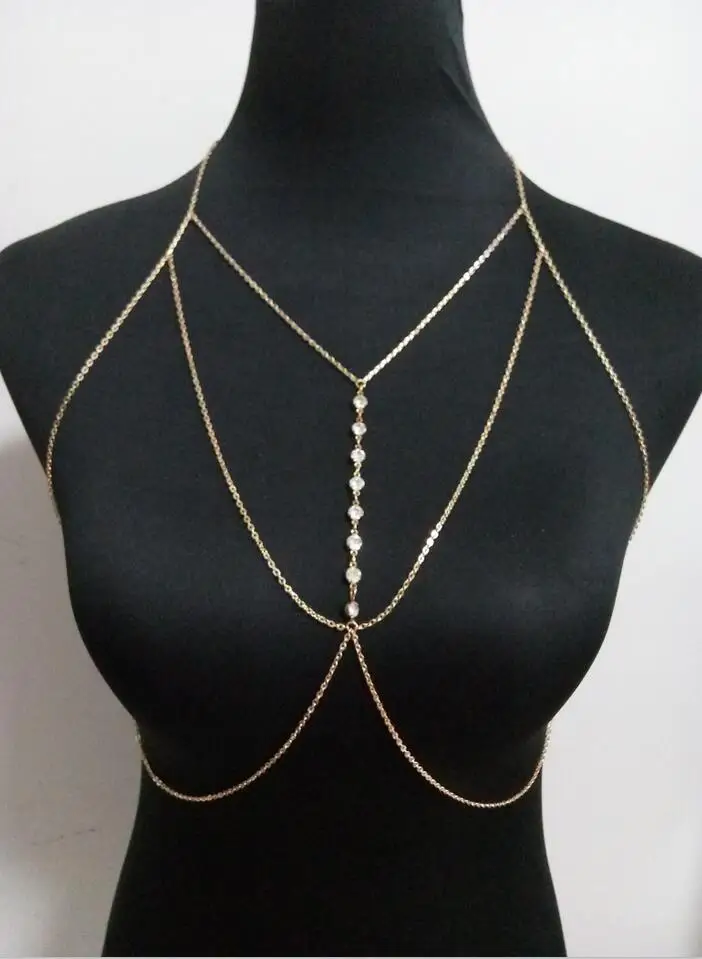 

New Style Fashion Women Gold colour Chains Unique Design Gold Rhinestone Chains Bikini Chains Jewelry 2 Colors WRB38
