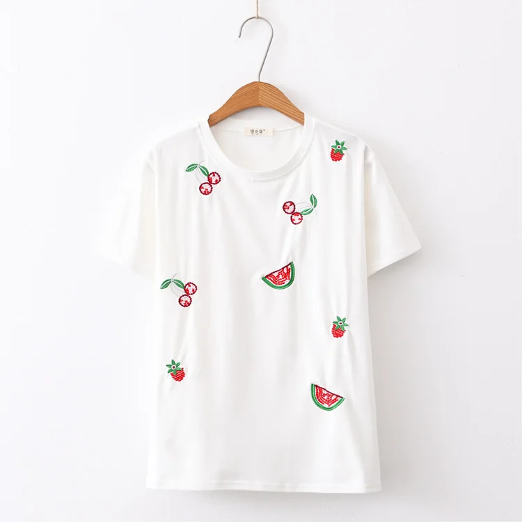KYQIAO camisetas verano mujer mori футболка для девочек в японском стиле kawaii Милая футболка с короткими рукавами белого и черного цвета с вышивкой фруктов
