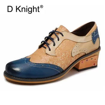 

Genuine Cow Leather Woman Brogues Pumps Spring Summer Designer Vintage Ladies Block Heels Shoes Handmade Oxford Shoes For Women