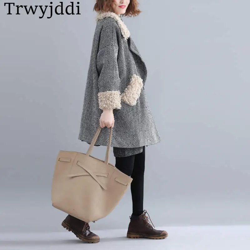 Мода Большой размер Женская осень зима шерстяная куртка Корейская полосатая овечья кожа свободные куртки N300