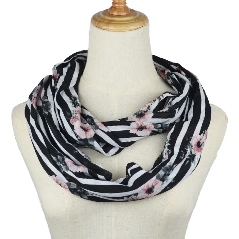 

Floral ring Scarf Women Fashion spring Autumn flower Printed Snood Ring Scarves Lady striped Twill Viscose Infinity Scarfs