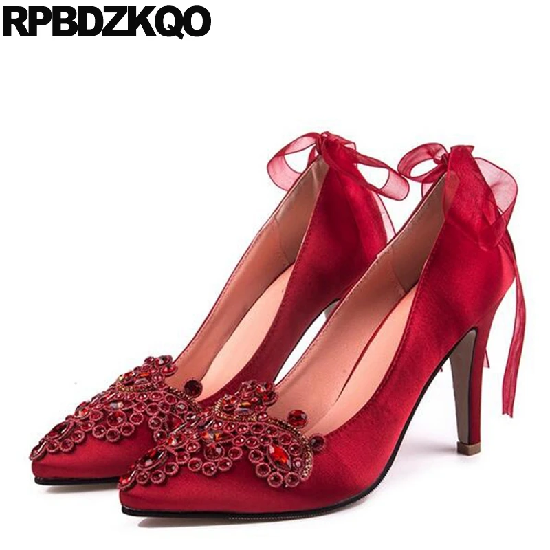 

Bridal Red Ladies Satin Dress Shoes 10 42 Ribbon Women Bow High Heels Pumps Big Size 12 44 Pointed Toe 33 Stiletto Strap