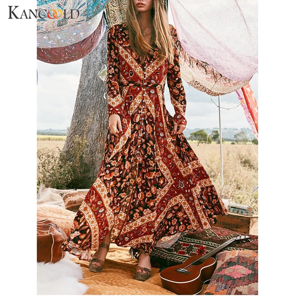 

KANCOOLD Dress Women Plus Size Sexy Vintage Bohemia Long Sleeve Dress Button V-Neck Long Fork fashion new Dress women 2019JAN25