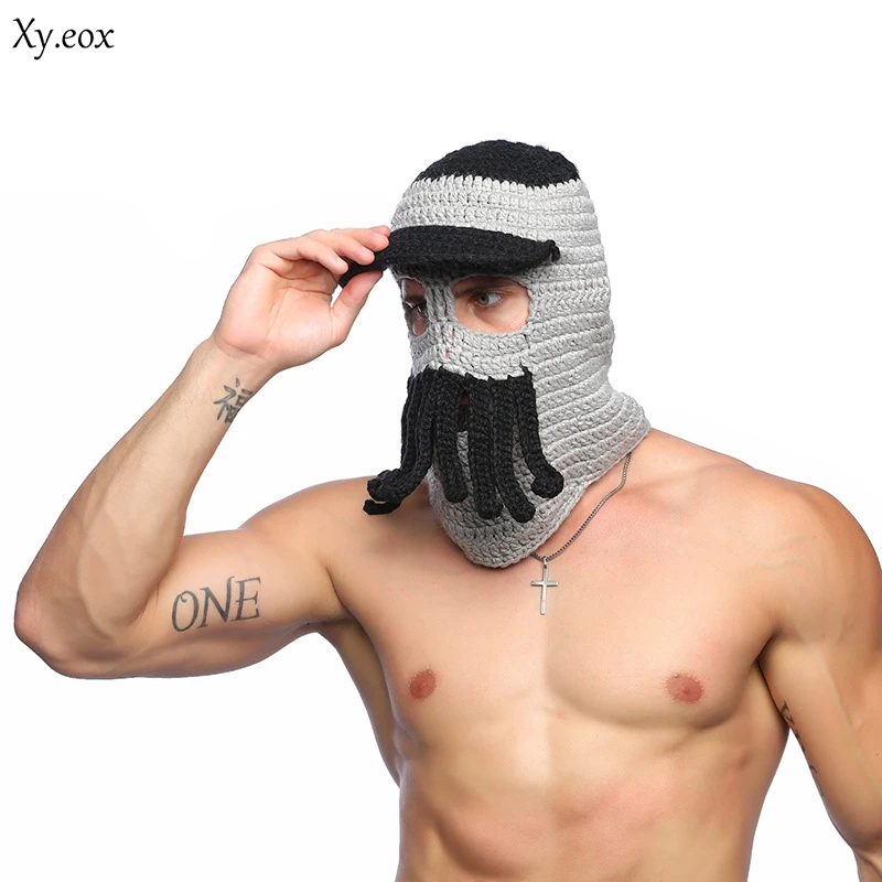 

Funny Tentacle Octopus Hat Crochet Full-Headmask Beard Beanie Knit Wind Mask Cap Thicken Balaclavacap Outdoor Wool Cap