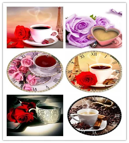 

Needlework diamond mosaic diamond embroidery Coffee and roses clock hobbie and craft picture of rhinestones home decoration