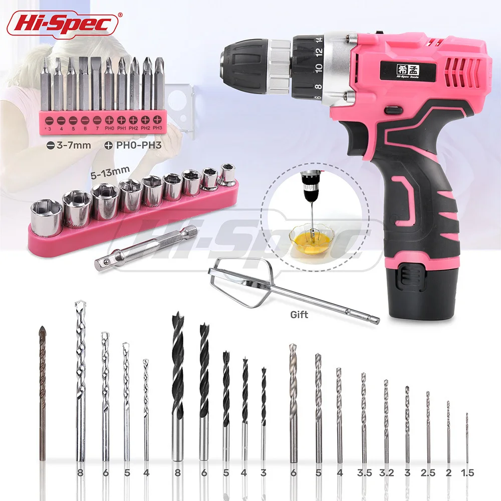 Billig Hallo Spec 60 Stück Rosa Hand Tool Set Kit 12V Elektrische Schraubendreher Li Ion Batterie Gril Dame Frauen Haushalt power Tool Set
