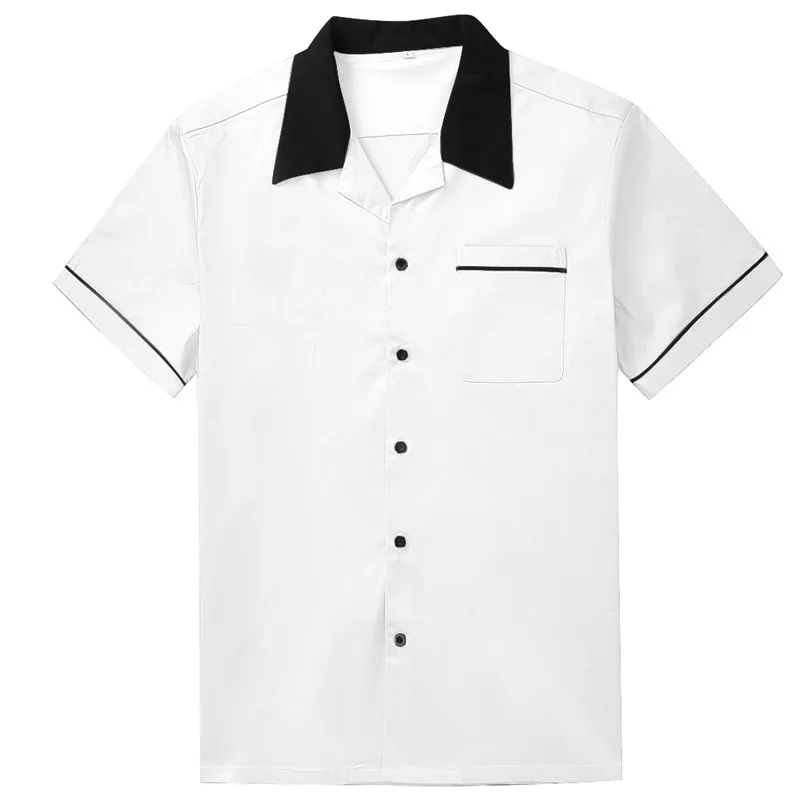 

Fashion Black Collar White Shirts Men Short Sleeve Cotton Rockabilly Men Shirts Big Size Casual Western Shirts Man Work Clothes