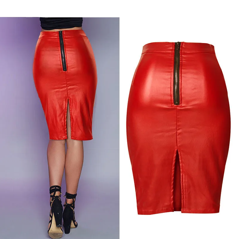 High Waist Skirts Split Pencil Coated Denim Red Skirts Sexy Skinny