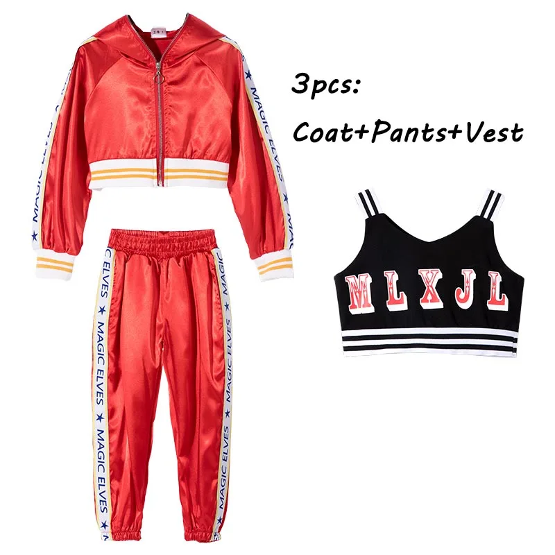 Coat vest and pants Новые джазовые костюмы для девочек, детская красная куртка в стиле хип-хоп, штаны детская современная уличная детская Одежда для танцев, подиум, шоу, сценический наряд DQL058 - Цвет: Coat vest and pants