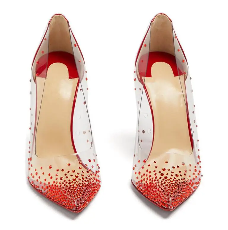 Brand Ladies Pumps Red Clear PVC Wedding Shoes Bride Crystal Pointed Toe High Heel Pumps Red Patent Leather Party Wedding Shoes