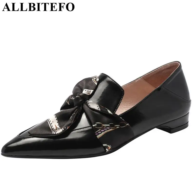 

ALLBITEFO genuine leather novelty women heels butterfly-knot shallow low heel shoes slip-on office spring comfortable shoes
